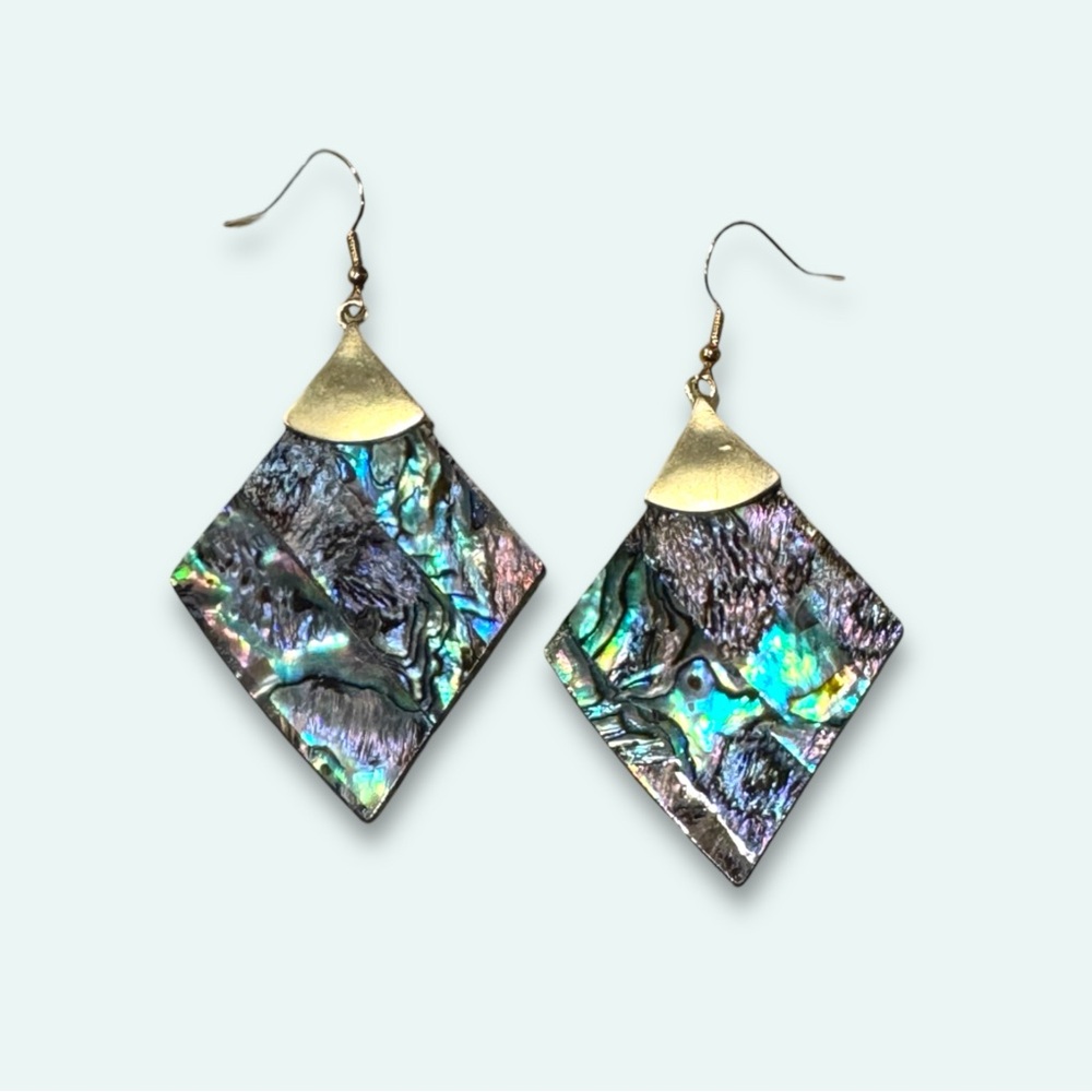 Handmade Diamond Paua Abalone Shell Dangle Earrings, Abalone Shell Earrings